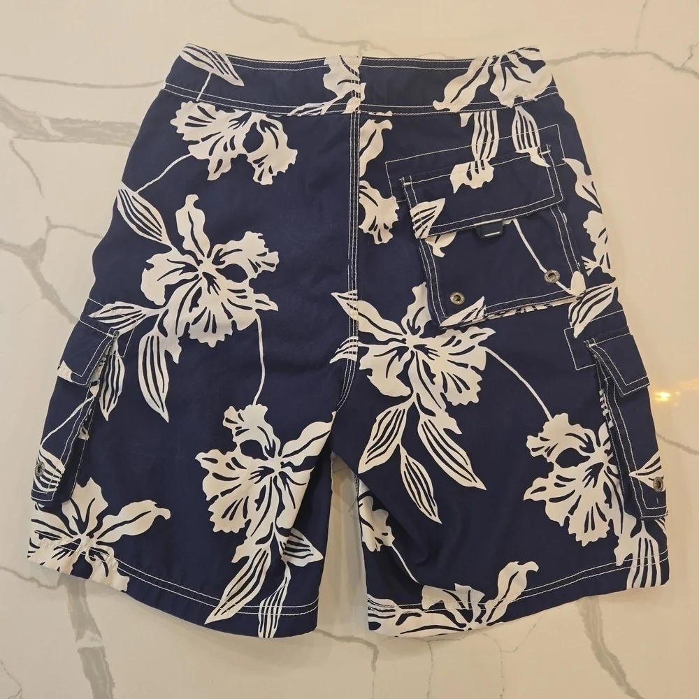 J. Crew Hawaiian Floral Board Shorts Navy White 9